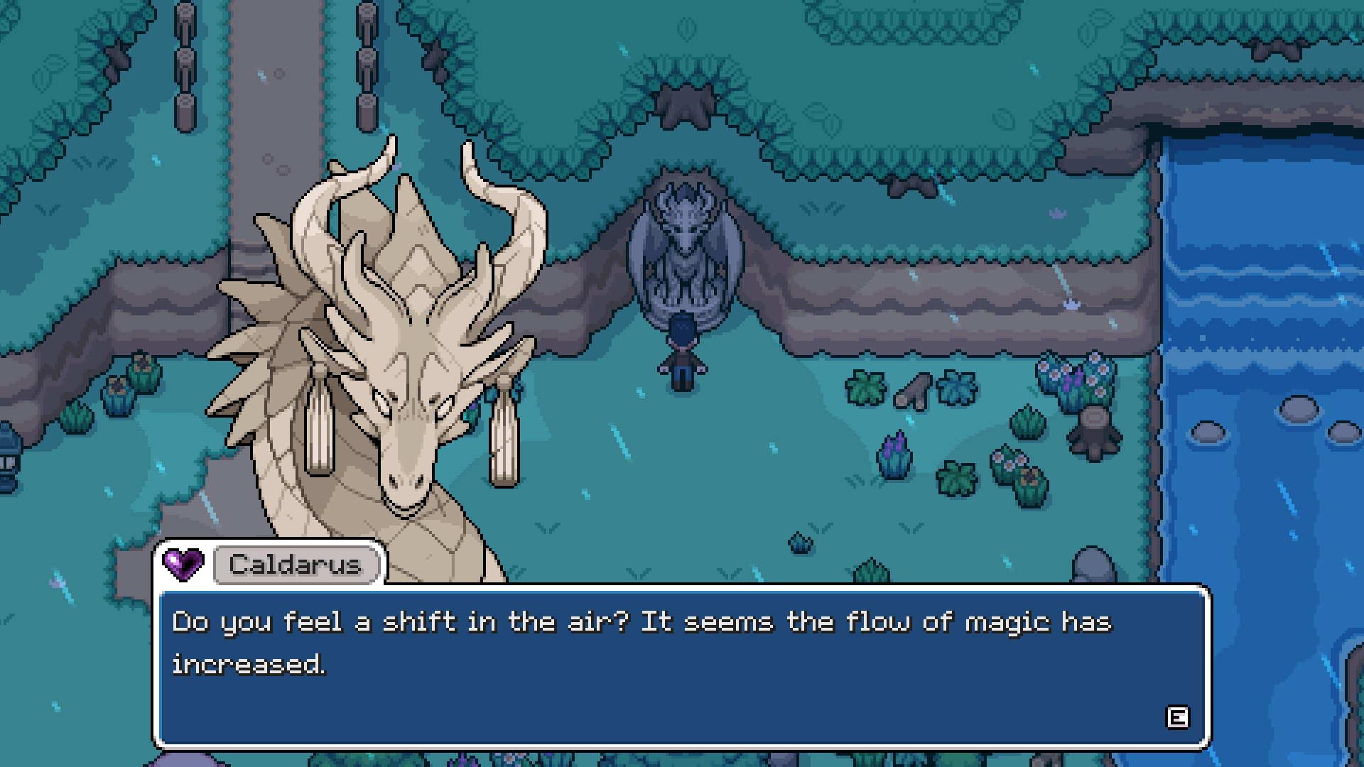 Caldarus in a dialogue scene near the river, with a dragon statue nearby