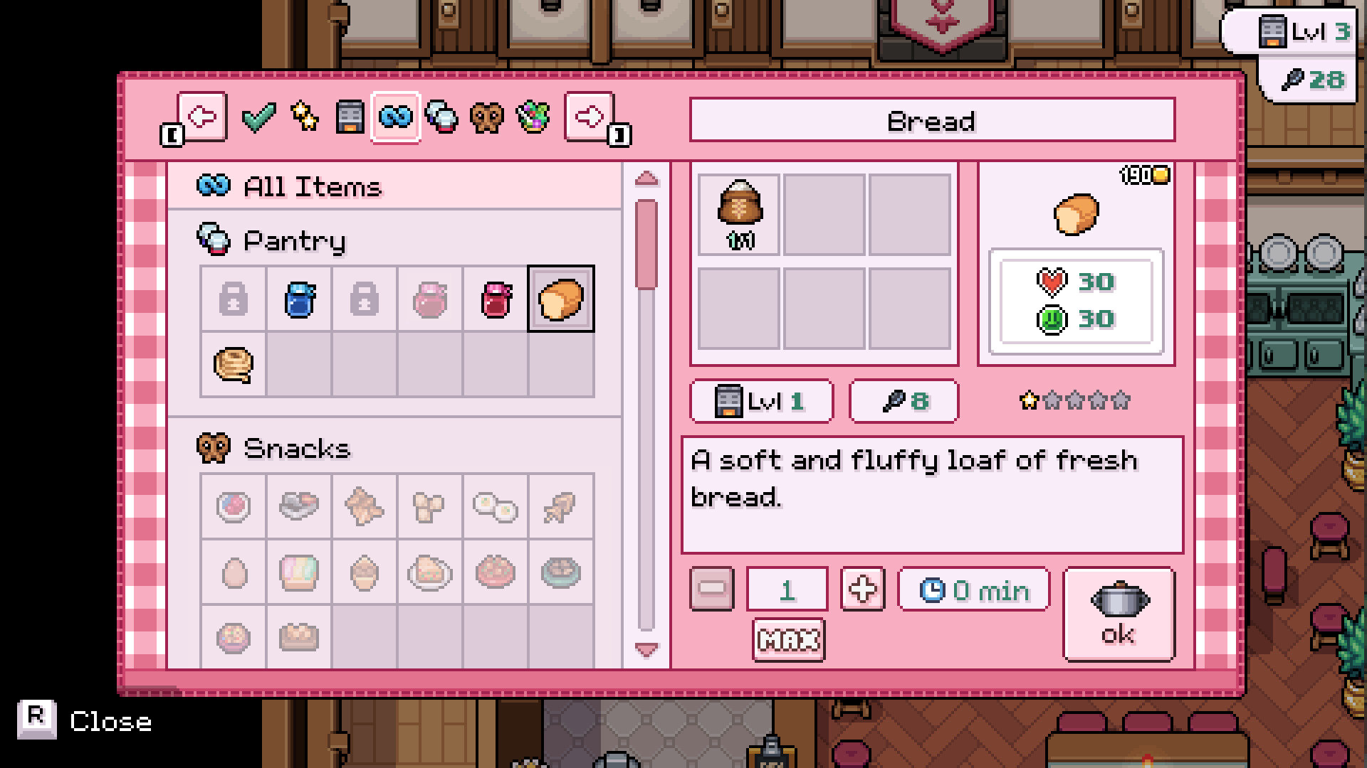 A cooked Bread item showing its health and energy stats in the Fields of Mistria kitchen
