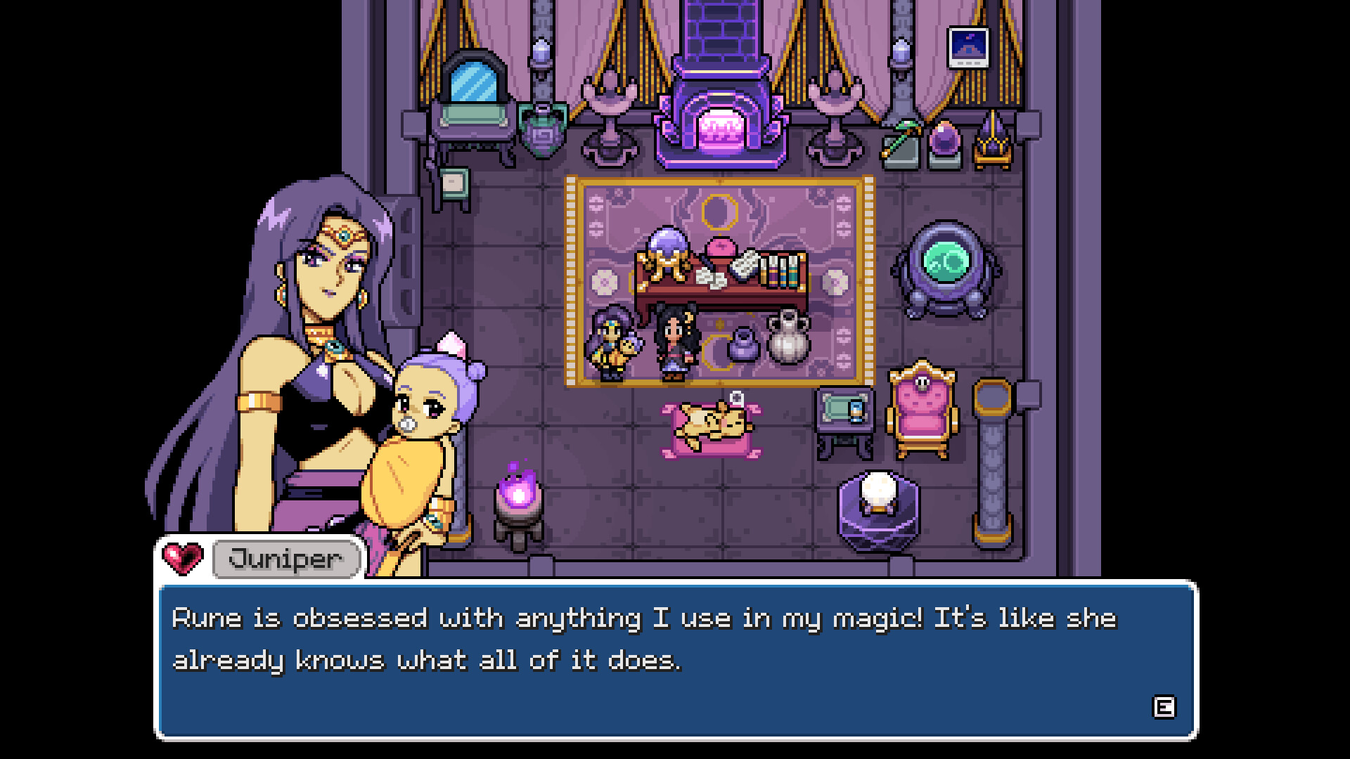Juniper speaking about her magic items in her room
